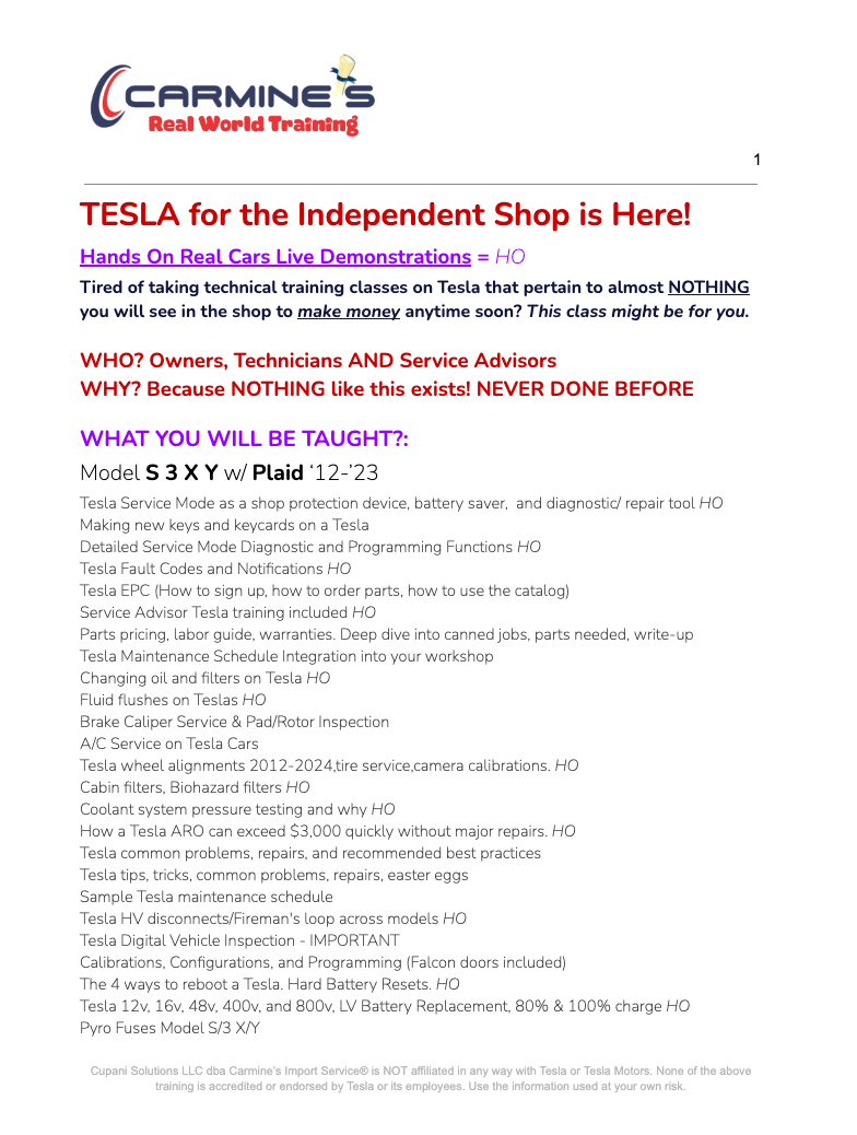 Carmine's® TESLA Boot Camp for the Independent Shop - Hands On 2024