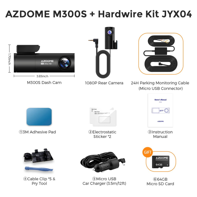 AZDOME M300S Car Recorders 4K+1080P Rear Camera (Free 64G TF) 800MP Lens GPS Wifi Car DVR Voice Control  Dash Cam Night Vision